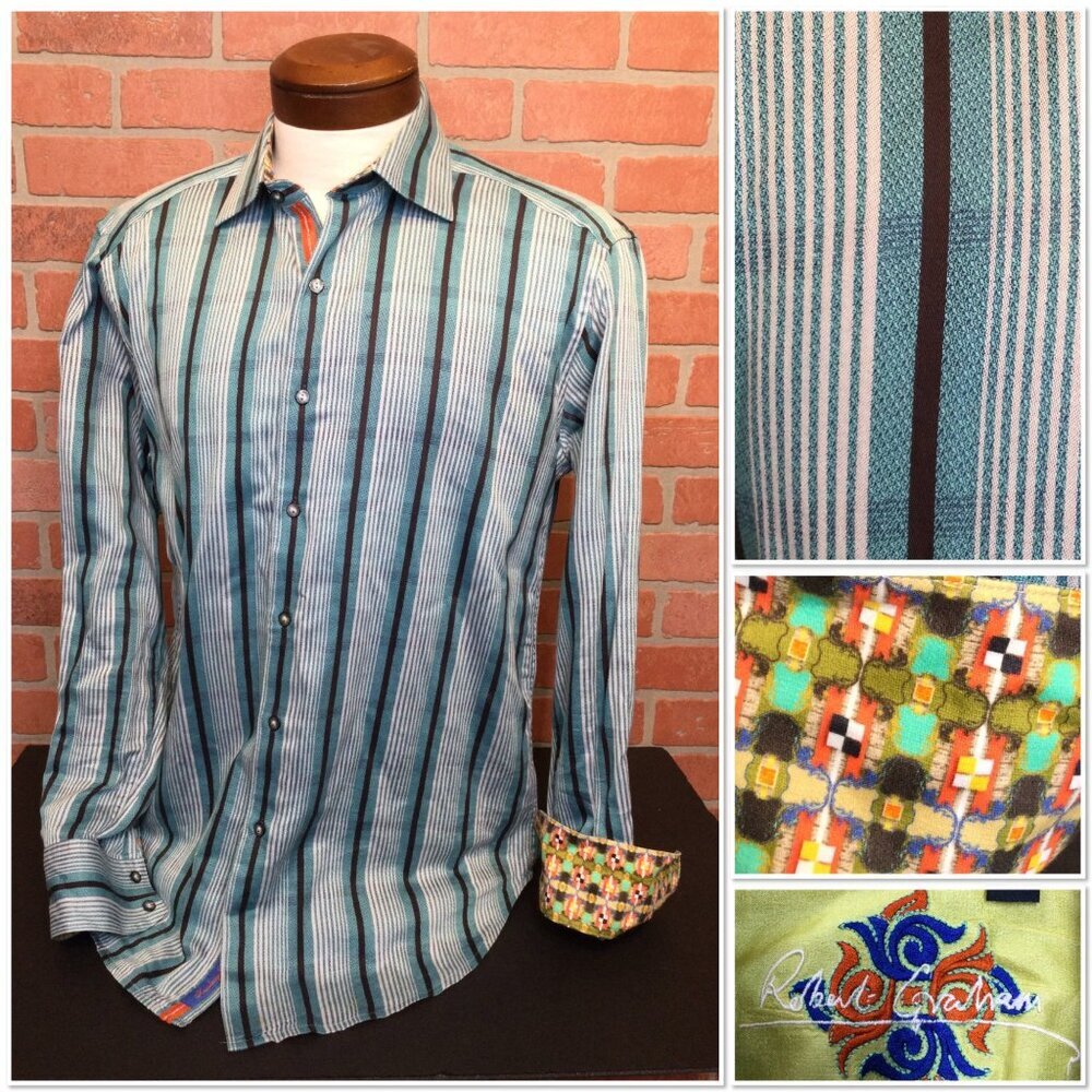 Robert Graham Shirt Mens Barbados Striped Button Down Sz M Multicolor Flip Cuffs